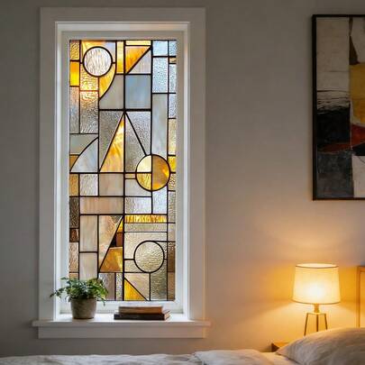 1/4pcs Colorful Geometric Abstract Glass Window Film, Static Cling Privacy Sticker Decor For Bathroom, Living Room, Kitchen, Bedroom, Office, Home Art Decoration