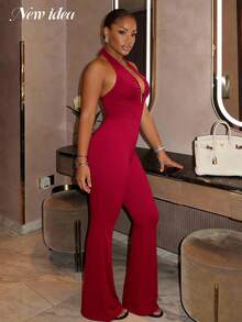 女士红色吊带喇叭连体裤，优雅性感时尚褶皱连体裤，女士派对连体裤，优雅派对装扮，修身连体裤 - 酒紅色 - 查看 4
