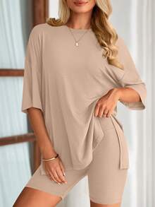 PRETTYGARDEN Women's Summer Clothes 2 Piece Sets Lounge Set Casual Oversized Shirts Biker Shorts Matching Airport Travel Sweatsuit Set Women Vacation Outfit Khaki Summer Brunch Outfits For Women - 卡其色 - 查看 4