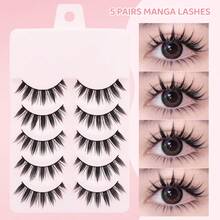 5 Pairs Curled & Fluffy False Eyelashes, Cat Eye Natural Cartoon Style Eyelashes, Elongated Winged Lashes - Black - View 3