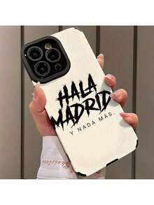Funda de teléfono con diseño de patrón artístico con texto "HALA MADRID", adecuada para iPhone 16 15 14 13 12 11 Plus Pro Max - Diseño de moda creativo, apta para hombres y mujeres, regalo para amigos, familia, novio, novia, funda protectora antichoque de cobertura completa, accesorio de teléfono (17) - Negro - Ver 7