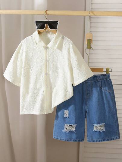 2pcs/Set Boys' Outdoor Elegant Rhombus Pattern Breathable Embroidered Shirt Paired With Personality Distressed Classic Washed Blue Denim Shorts Set