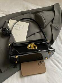 女士法式奢华漆皮法棍包，复古棕色腋下包，优雅单肩斜挎包 - 黑色 - 查看 7