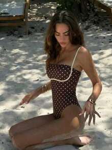 女士春夏新款休闲优雅性感沙滩度假约会派对棕色波点印花吊带连体泳衣 - 彩色 - 查看 2