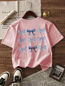 1 Stück Tween Mädchen lässig Schleife Muster Rundhals Kurzarm T-Shirt, Sommer Schüler Jugendkleidung - Künstlerischer Stil T-Shirt, der Fantasie und Selbstausdruck inspiriert - Pink - Übersicht 5