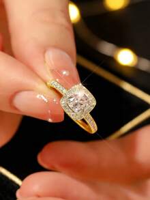 925 Sterling Silver Square Cut Diamond Ring, Fully Paved Luxury Design, Versatile Engagement/Party Ring For Women - Gold - View 3