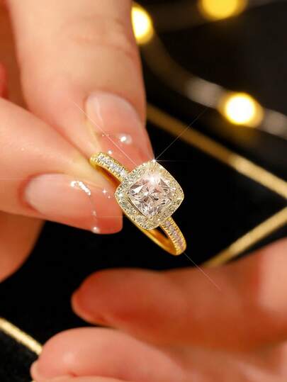 خاتم فضة عيار 925 مربع مرصع بالماس، تصميم فاخر مكتمل، خاتم فضة للنساء متعدد الاستخدامات للحفلات والخطوبة