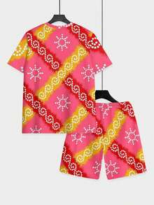 Two-Piece, Vibrant And Eye-Catching, Knitted Fabric, Striking Pattern, Men's Theme Parties, Summer Terrace Soirees, Pink, Yellow And White Dotted Geometric Pattern, Men's Short-Sleeve Beach Pants Set - 彩色 - 查看 5