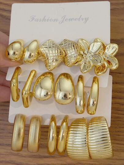 European And American Cross-Border Retro Fashion Exaggerated C-Shaped Floral Earring Set, Personalized Earrings, CCB Material