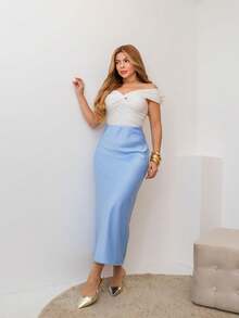 YING ZI Elegant Midi Social Skirt - 淺藍色 - 查看 5