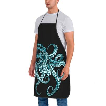 Retro Style Octopus Battle Pose Apron, Printed Pattern, Suitable For Men And Women Cooking And Baking