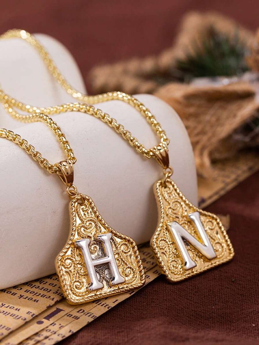 1pc Stylish Vintage Western Cowboy-Style Copper Necklace With Embossed Initial An Excellent Choice For Daily Wear And Jewelry Gifts For Men And Women - Multicolor - View 1
