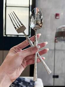 4/24件套不锈钢锤纹餐具套装 - 创意刀叉勺 - 镜面抛光，可机洗，适用于家庭、餐厅、酒店、婚礼、派对等场合 - 金色 - 查看 8