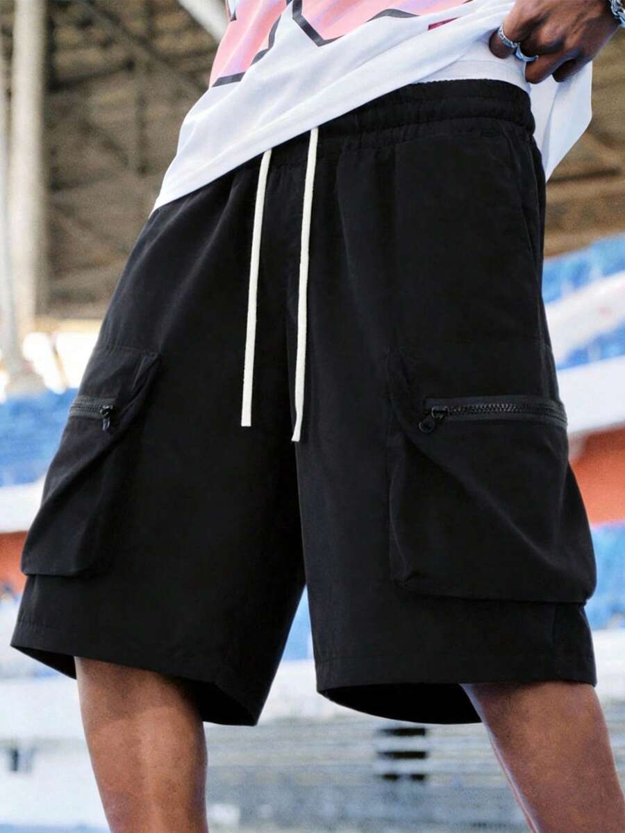 EVRINFINITE 男士抽绳腰部工装口袋休闲街头短裤，嘻哈街头 - 黑色 - 查看 1