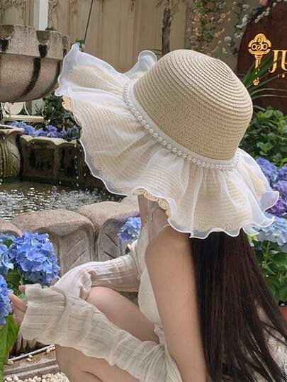 1pc New Summer Wide Brim Straw Hat With Lace Edges - Beach Hat For Vacation, Cute Pearl Design, Small Outdoor Sun Protection Hat