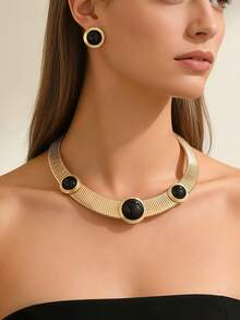 Conjunto de colar e corrente de relógio vintage de 2 peças, colar com pingente geométrico redondo martelado em acrílico preto e brincos combinando, conjunto de joias elegante e luxuosas para mulheres, acessórios para festas. - dourado + preto - Ver 3