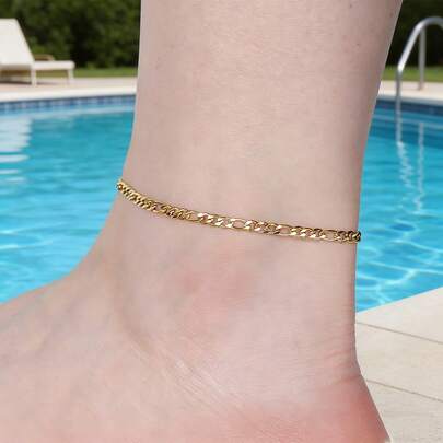 1pc Minimalist Stainless Steel Anklet For Women, Gold Plated Figaro Link Chain, Ideal For Daily Wear & Casual Outfits