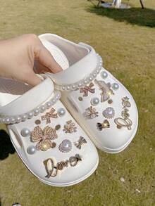 20个珍珠花朵、蝴蝶花、小蝴蝶结、链条鞋饰，可拆卸复古DIY仿珍珠花朵花园鞋装饰纽扣、鞋链、鞋包配件，适合节日、生日派对礼物 - 金色 - 查看 5