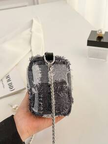 1pc Fashion Frayed Fabric Women's Shoulder Crossbody Small Square Bag, Large Capacity Daily Mini Backpack, Personalized Quirky Travel Vacation Beach Chain Bag - Black - View 7