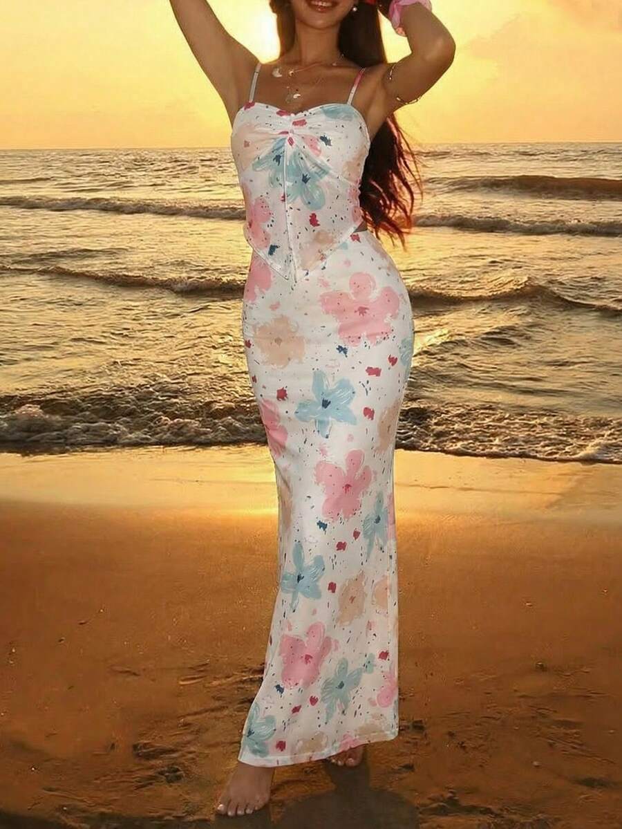 Women's 2 Pieces Floral Print Sheer Sexy Vacation Beach Set, Spring/Summer - Multicolor - View 1