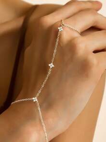 Pulsera elegante y sexy de mujer con flor de cuatro hojas de circonita cúbica - Pulsera de cadena de dedo multicapa apilable, joyería de moda versátil y ajustable para regalo, cita, fiesta, banquete de noche, boda, celebración, uso diario, Día de San Valentín, aniversario y cumpleaños - Pulsera de anillo micácea de circonita dorada - Ver 5