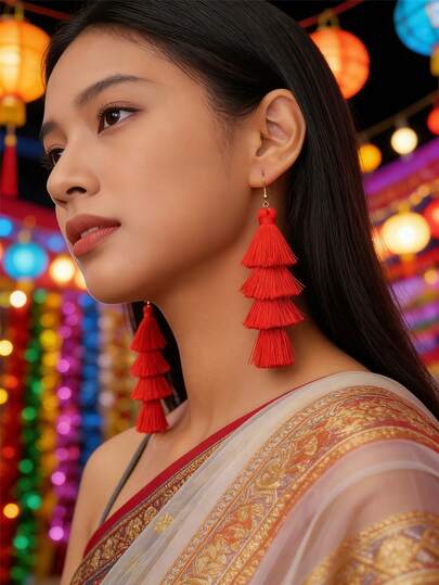 1对波西米亚风超长流苏多层丝线耳环