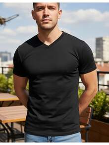 Men's V-Neck Slim Fit Short Sleeve T-Shirt With Elastane - màu đen - Xem 2