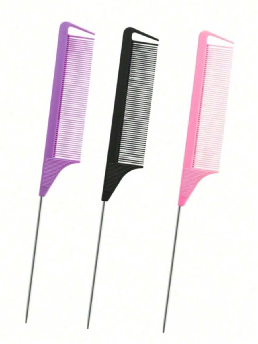 3把女士鼠尾梳，不锈钢针，金属尾梳，适合家庭和沙龙使用 - 彩色 - 查看 1