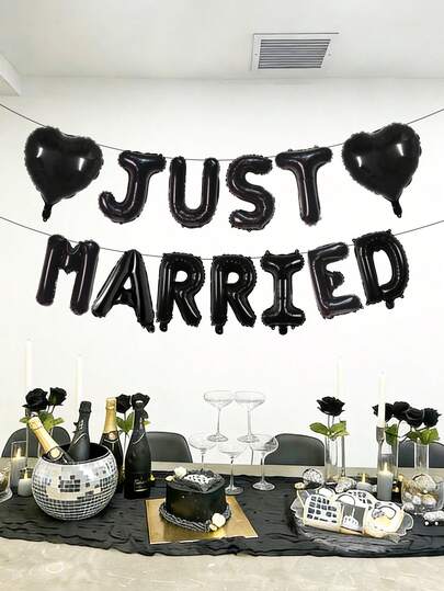 13pcs Just Married Foil Balloon Set, Includes "Just Married" Banner And Heart Balloons, Wedding Party Decor, Wedding Hall, Bridal Shower Balloons, Gold, Silver, Black And Rose Gold Letter Banners, Suitable For Bridal Shower, Bachelorette Party, Engagement Party Decor, Wedding Theme Party Decor, Gothic Bachelorette Party Decor, Black Bride Decor