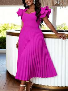 AOMEI Women's Elegant Purple-Red Pleated A-Line Dress, Heart-Shaped Neckline, Layered Ruffle Sleeves, Mid-Length, Suitable For Wedding Guests, Parties, Formal Events - Hot Pink - View 4