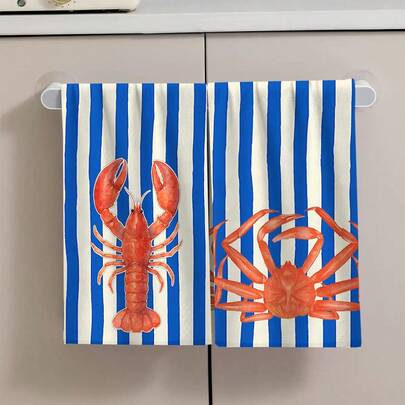 2/4 Pcs Dish Towel Set, Lobster & Striped Pattern Print, Super Absorbent Microfiber Modern Towels, Cooking & Baking Tea Towels, Dishcloths, Cleaning Rags, Hand Towels, Highly Soft & Absorbent, Kitchen Decor, Gifts For Neighbors, Moms, Birthdays, Housewarming For Friends, Kitchen Essentials, Daily Necessities