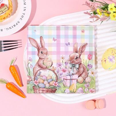 20pcs/40pcs/60pcs Easter Bunny Napkins, Cute Pink Plaid Rabbit Pattern Disposable Paper Napkins, Suitable For Easter Dinner, Spring Party And Craft Projects. Square Fabric Napkins Suitable For Luxury Dining Tables, Easter Plaid Pattern And Solid Color, Soft Napkins For Parties, Dessert Tables, Easter Table Decor, Business Events, Etc.