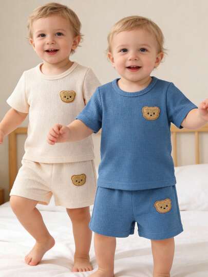 4pcs/Set Cute Baby Boy Outfit, Casual & Fashionable Soft & Comfortable, Cartoon Bear Embroidery Knit Round Neck Short Sleeve T-Shirt Paired With Minimalist Sporty Shorts, Baby Boy Clothing Set, Suitable For Summer Daily Wear, Vacation, Outdoor Activities