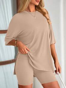 PRETTYGARDEN Women's Summer Clothes 2 Piece Sets Lounge Set Casual Oversized Shirts Biker Shorts Matching Airport Travel Sweatsuit Set Women Vacation Outfit Khaki Summer Brunch Outfits For Women - 卡其色 - 查看 3