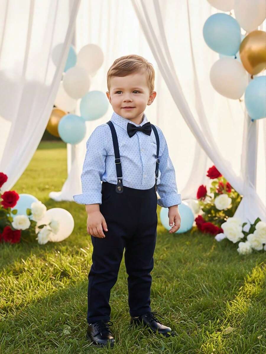 BOARNSEORL 2 Stücke Gentleman Outfit für kleine Jungen - Weißes Langarmhemd mit Fliege und Hosenträger-Hose, modisch und elegant für Geburtstagsfeiern, Hochzeiten, Zeremonien, Babypartys - marineblau - Übersicht 1