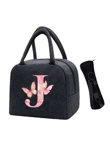 Pink Butterfly & Letter Pattern Insulated Lunch Bag, Thermal Lunch Box, Suitable For Students, Office, Camping, Picnic, School, University, Lightweight Portable Canvas Lunch Storage Bag - Multicolor - View 17