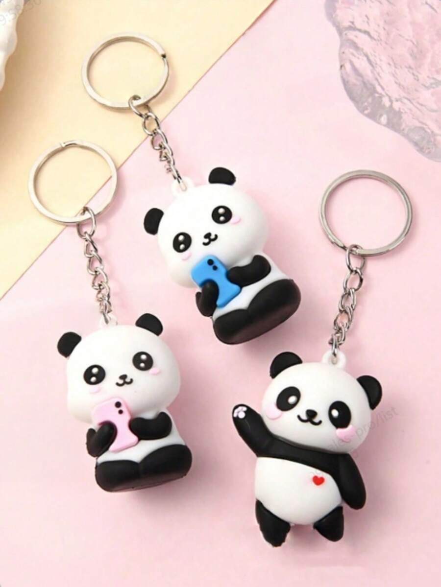 3pcs Cute Panda Cartoon Keychain, Fashionable For Daily Use - Multicolor - View 1