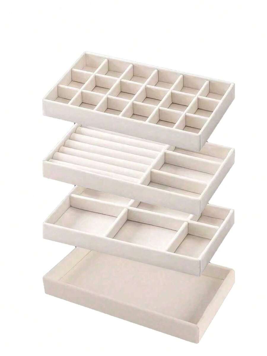 4pcs/Set Jewelry Tray, Stackable Jewelry Display Tray, Velvet Jewelry Tray, Grid Jewelry Tray, Jewelry Box, Jewelry Organizer, Suitable For Earrings, Necklaces, Bracelets, Rings, Multi-Size - Beige - View 1