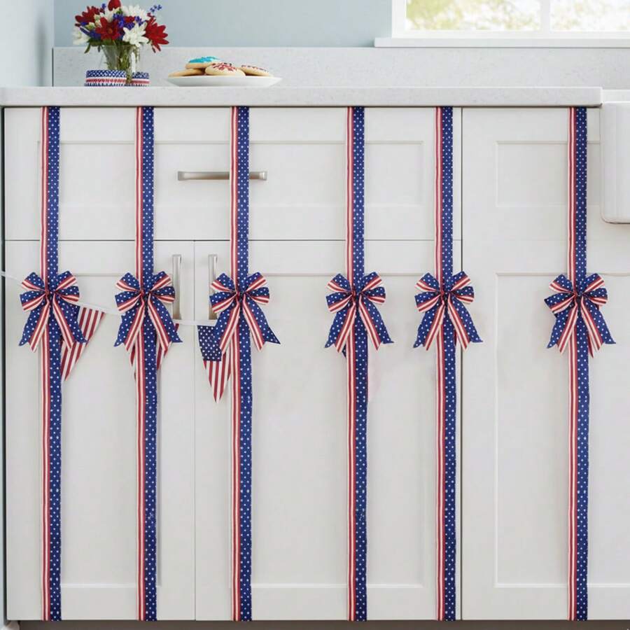 6 Pcs 4th Of July Cabinet Bows Star Striped Print Ribbon Cabinet Bows, Reusable Hanging Decor For Kitchen Cabinet Doors Drawers - Blue - View 1