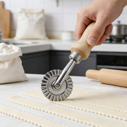 1个木柄不锈钢7厘米直径波浪形面团切割器，可用于切割意面、饺子、糕点，握感舒适，易于清洁，是厨房必备的DIY工具