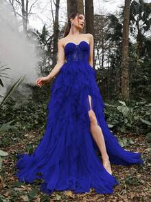 Faeriesty 优雅无肩带高端正式礼服：层叠薄纱荷叶边裙摆，背部系带设计，美人鱼廓形——完美适用于婚礼仪式、新娘写真、浪漫森林写真、奢华订婚庆典、春季花园正式宴会等场合。 - 寶藍色 - 查看 6