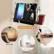 Wooden Bedside Organiser Phone Docking Station, Nightstand Key Wallet Watch Stand Gifts For Men Dad Husband Boyfriend - Đen-2 - Xem 4