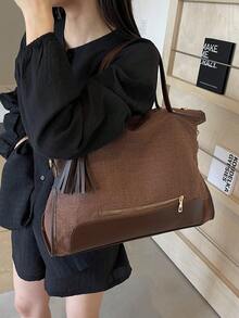 Women's Minimalist Color Block Fringe Zipper Decor Tote Bag - Coffee - View 10