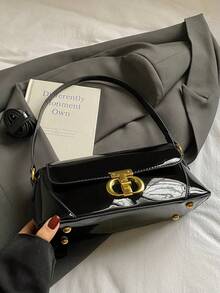 女士法式奢华漆皮法棍包，复古棕色腋下包，优雅单肩斜挎包 - 黑色 - 查看 6