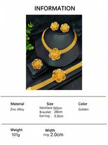 1pc Necklace, 1 Pair Earrings, 1pc Bracelet, 1pc Ring, Fashion Gold Flower Jewelry Set, Dubai Bride Jewelry Set, Wedding Party Jewelry Set, 4pcs Jewelry Set - Yellow Gold - View 6