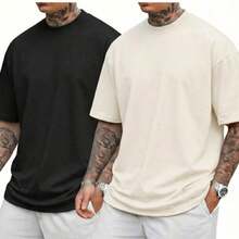 Camiseta Kit 2 Unidade 100% Algodão Masculina Estampada Básica - Preto E OffWhite - Visão 1