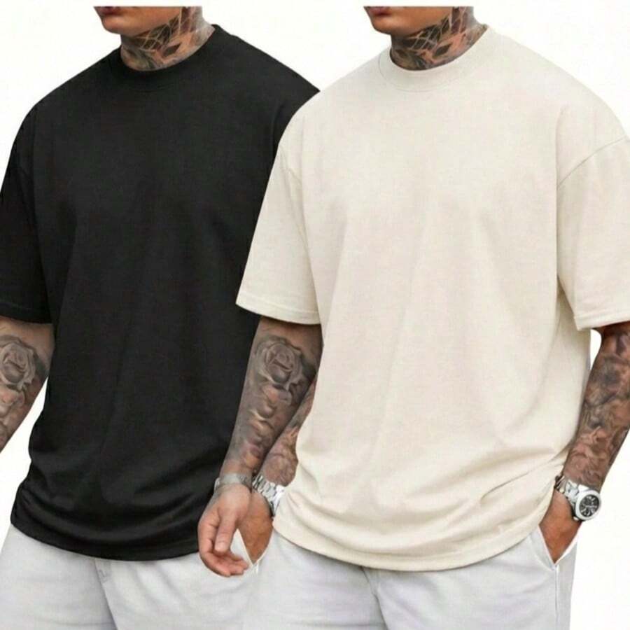 Camiseta Kit 2 Unidade 100% Algodão Masculina Estampada Básica - Preto E OffWhite - Visão 1