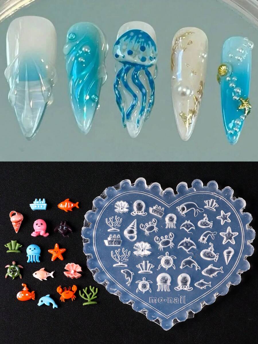 卡通海洋水母海星指甲矽膠模具 可愛海洋魚蟹指甲雕刻模具 海洋生物模板 手作 DIY 美甲配件 - 無色 - 查看 1