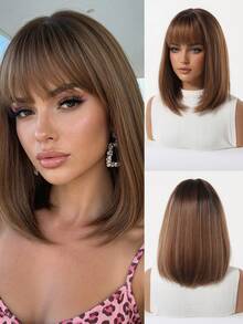 12 Inch Machine Made Heat Resistant Synthetic Wig With Bangs, Light Brown Highlight Layered Bob Wig For Daily Wear & Party Looks - Brown - View 2