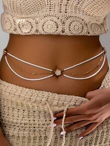 1 pieza Cadena de cintura con flores de metal de varias capas y cuentas, adecuada para usar en la playa y vacaciones, nueva llegada de primavera/verano, personalizada, joyería de estilo europeo y americano - Amarillo Oro - Ver 1